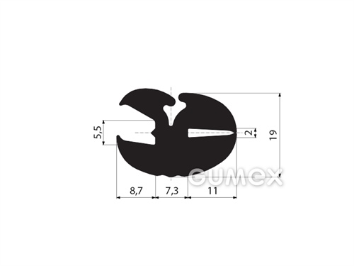 Pryžový profil do oken dopravních prostředků, 19x27/5,5/2mm, doporučený klínek 00598001, 70°ShA, EPDM, -40°C/+100°C, černý